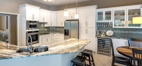 Open floor plan kitchen with custom cabinets