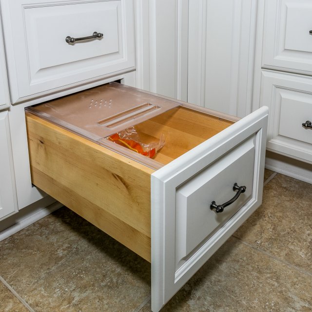 Bread drawer in Coastal Transitional Kitchen
